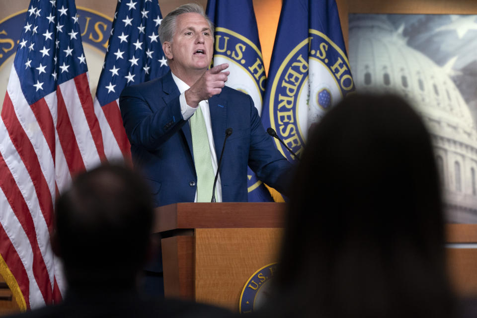 House Minority Leader Kevin McCarthy of Calif., Thursday, April 15, 2021, speaks during a news conference on Capitol Hill in Washington. (AP Photo/Jacquelyn Martin)