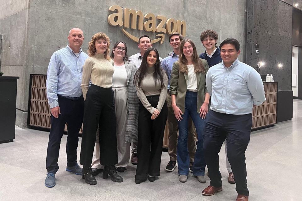 Amazon manager and Middle Tennessee State University alumnus Nathan Swartz (rear center) gathers with Jones College of Business students and MTSU Director of Corporate Engagements Brad Tammen (far left) at Amazon’s Nashville, Tenn., headquarters in early December. Students pictured with them, from left, included Syd Panak, Olivia May, Havjin Barkhan, Chase Holmes, Jonathan Dunn, and Jose Rivera.