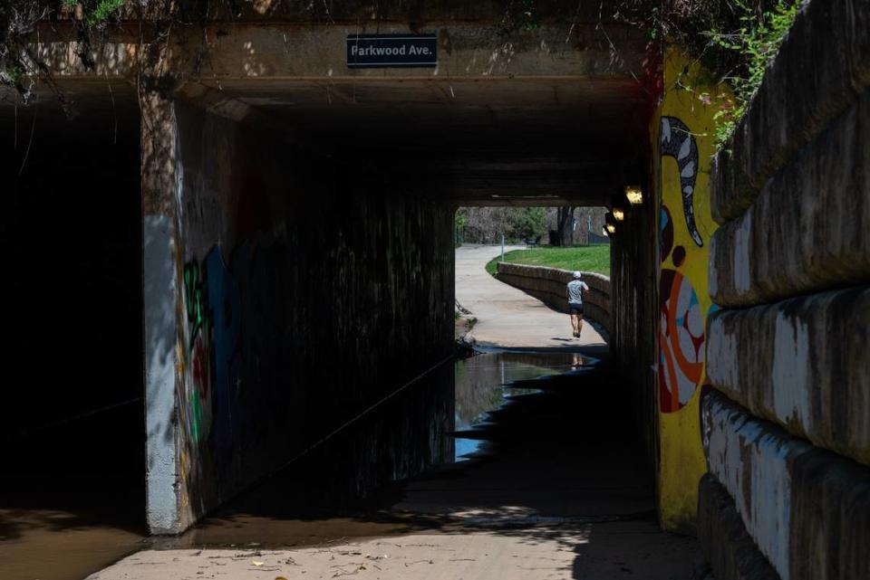 The Little Sugar Creek Greenway here dips beneath Parkwood Avenue near the southern edge of Cordelia Park.