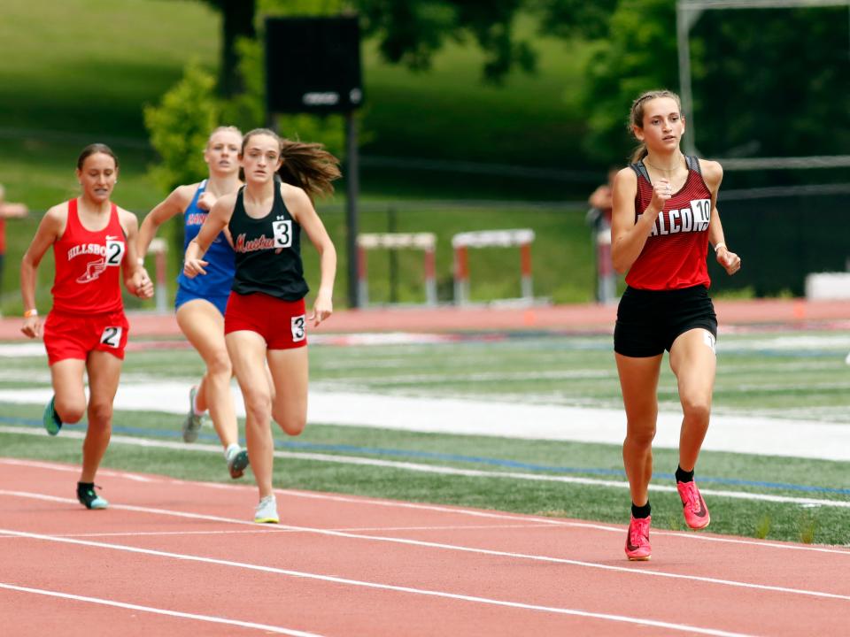 Fairfield Union's Anna Conrad pulls away from the field in the 800 at the 2023 Division II regional track and field meet on Saturday at McConagha Stadium in New Concord. The top four finishers in each event advanced to the state meet on June 2-3 at Ohio State's Jesse Owens Memorial Stadium in Columbus.