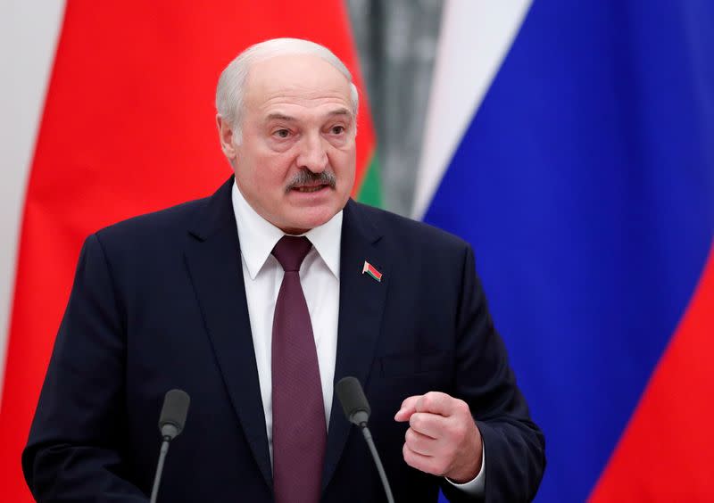 FILE PHOTO: Belarusian President Lukashenko attends a news conference in Moscow