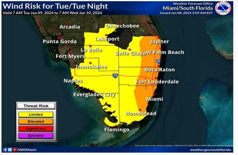 National Weather Service in Miami is warning of potential severe weather late Tuesday with another cool front descending through the state.