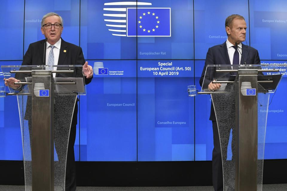 European Council President Donald Tusk, right, and European Commission President Jean-Claude Juncker (AP)