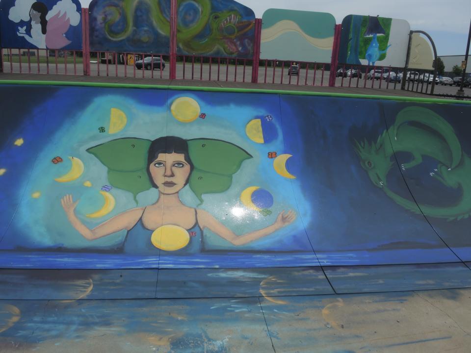 This is one of the murals at the Gaylord Ramp Park on Gornick Avenue. Young people produced the murals with the guidance of experienced artists. Grant funding  for the project came from Gaylord Area Council for the Arts and RISE, a coalition in Otsego County advocating for a substance free lifestyle.