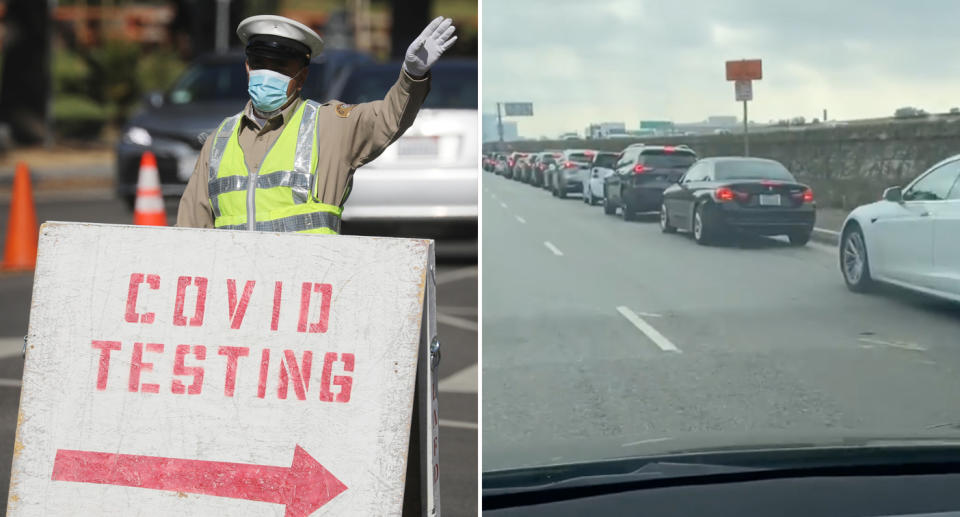 A man filmed long queues of cars waiting to get into a covid-19 testing clinic in LA