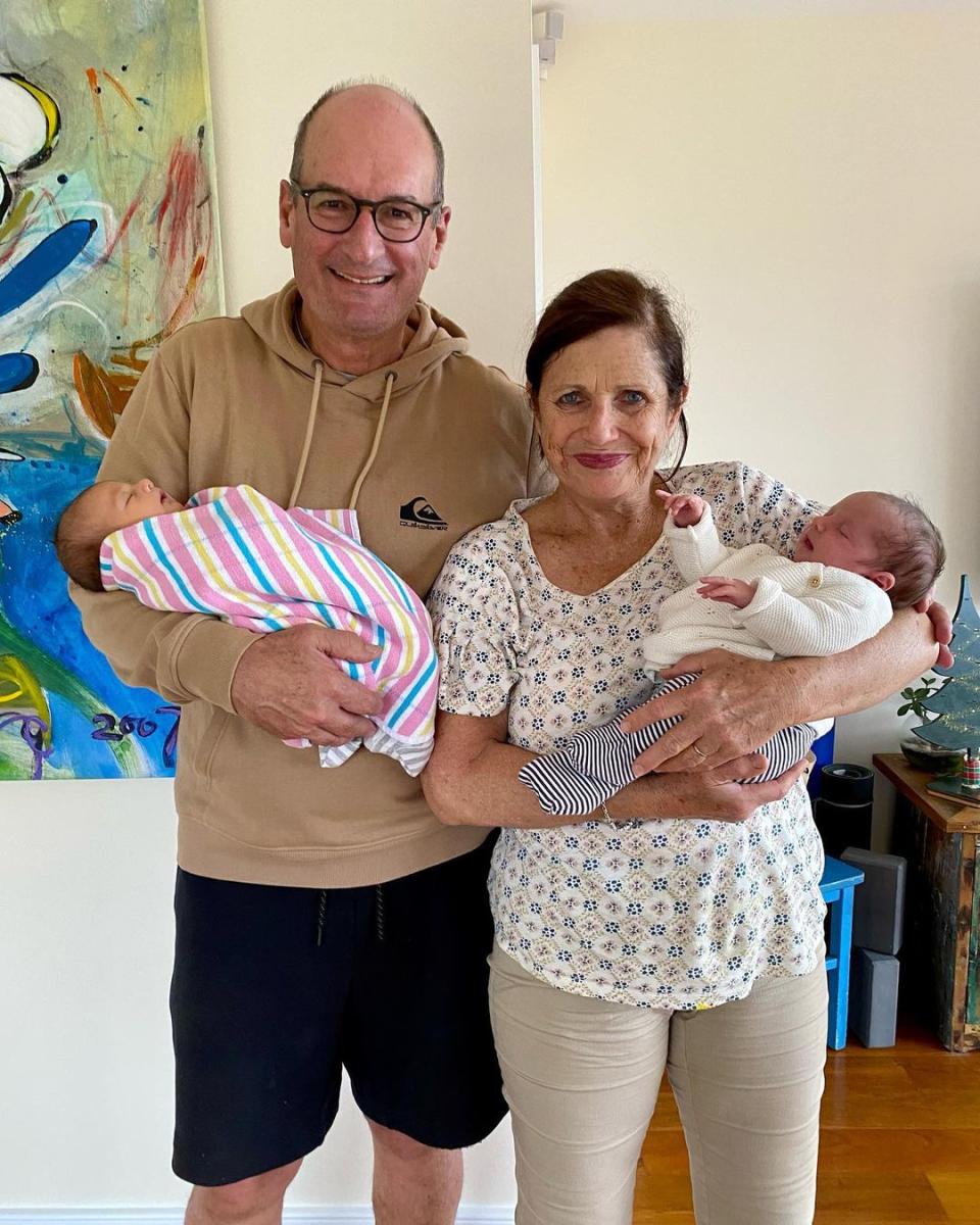 Sunrise star Kochie with wife Libby and their two new grandchildren, Catalina and Florence.