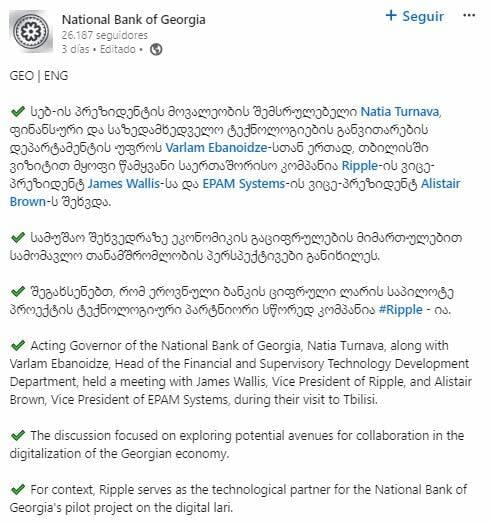 El Banco Central de Georgia en negociaciones con Ripple