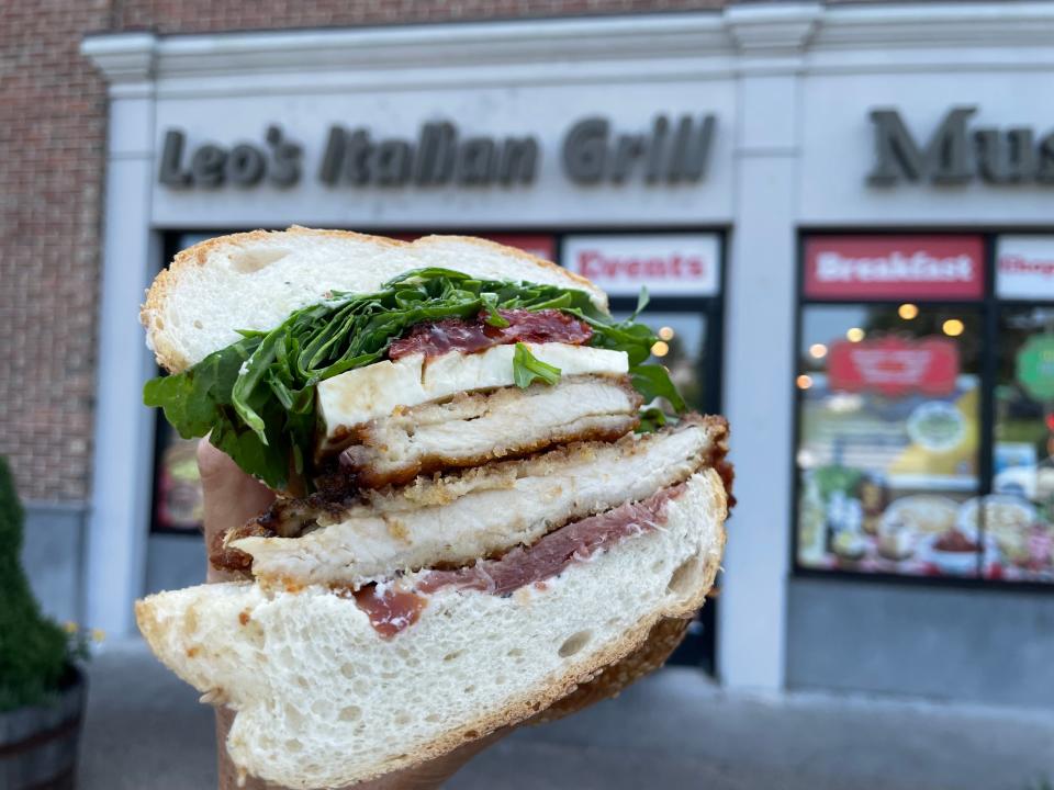 The Crooner (chicken cutlet, prosciutto de Parma, sundried tomato, arugula, fresh mozzarella, Balsamic glaze and herbed ricotta) at Leonardo's Italian Deli in New City. Photographed July 25, 2023