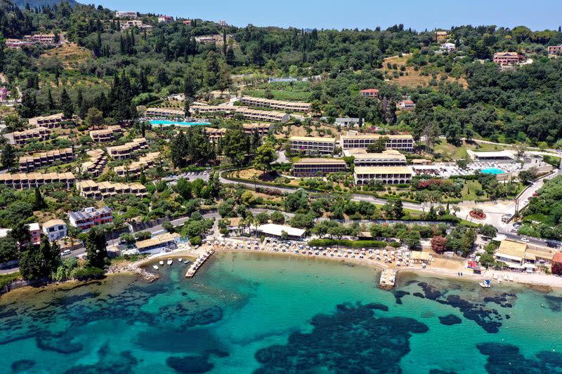 An aerial view of the Aeolos Beach Resort on the island of Corfu