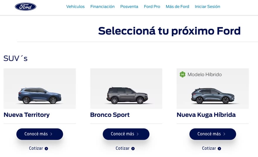 Ford tiene en su web el pedido de cotización para varios modelos.