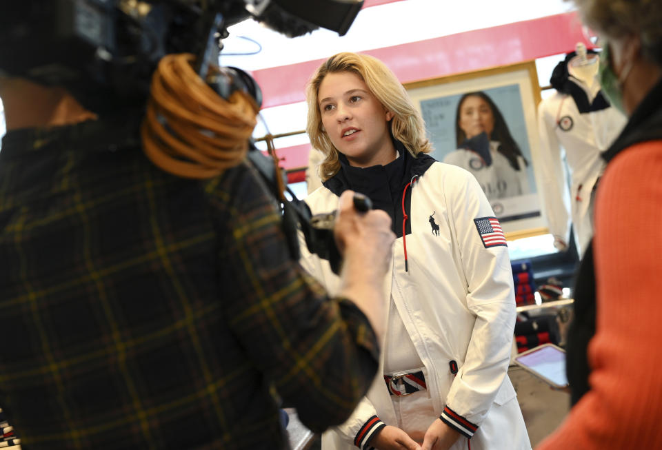 Skateboarder Jordyn Barratt participates in the Team USA Tokyo Olympic closing ceremony uniform unveiling at the Ralph Lauren SoHo Store on April 13, 2021, in New York. Ralph Lauren is an official outfitter of the 2021 U.S. Olympic Team. (Photo by Evan Agostini/Invision/AP)