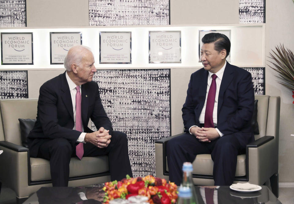 DAVOS, Jan. 17, 2017 -- Chinese President Xi Jinping (R) meets with U.S. Vice President Joe Biden in Davos, Switzerland, Jan. 17, 2017. (Xinhua/Lan Hongguang via Getty Images)
