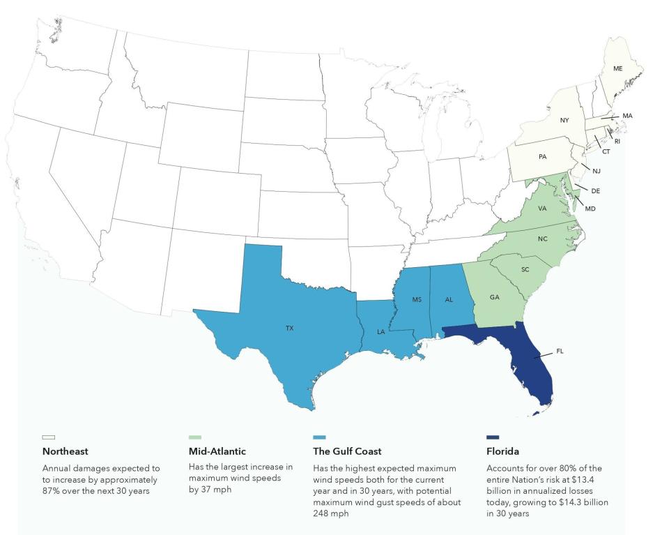 Map showing increased wind risk between 2023 and 2025 as tropical storms grow stronger and track farther northward.