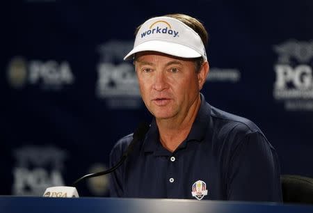 Jul 26, 2016; Springfield, NJ, USA; Davis Love III speaks to the media during a practice round for the 2016 PGA Championship golf tournament at Baltusrol GC - Lower Course. Mandatory Credit: Brian Spurlock-USA TODAY Sports