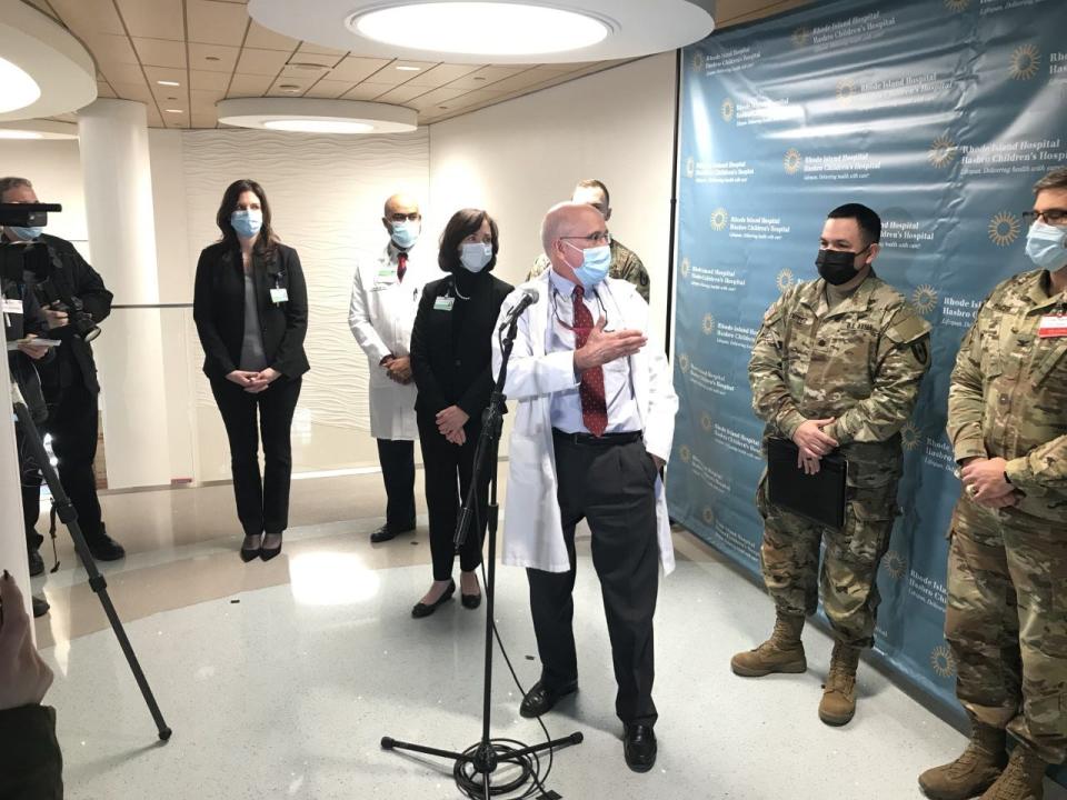 Rhode Island Hospital president Dr. Saul N. Weingart thanks a military medical team for the help it has provided in treating a surge in coronavirus patients.