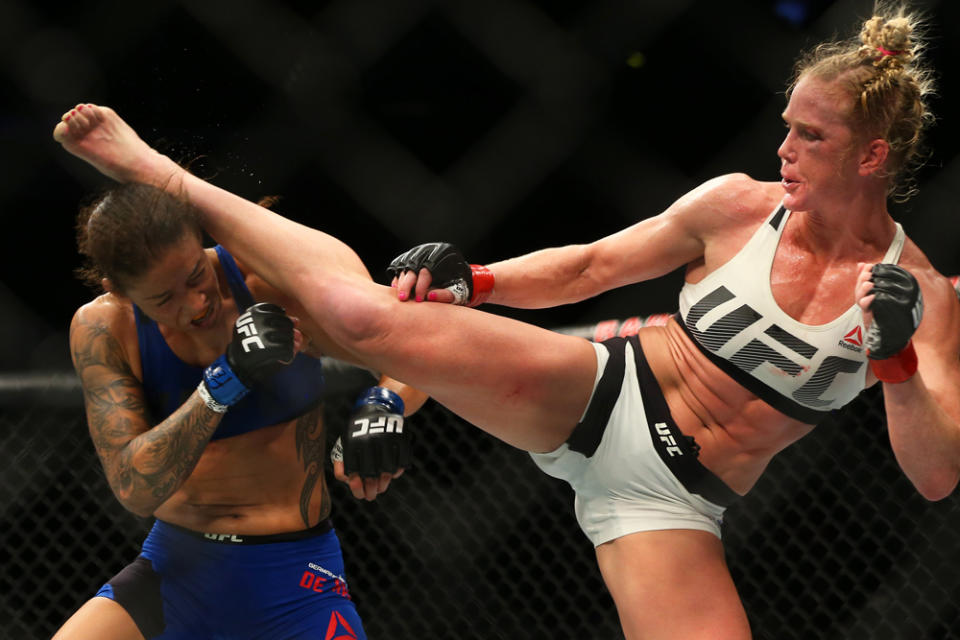 Feb 11, 2017; Brooklyn, NY, USA; Holly Holm (red gloves fights Germaine de Randamie (blue gloves) during UFC 208 at Barclays Center. Mandatory Credit: Ed Mulholland-USA TODAY Sports