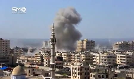 A still image taken from a video uploaded to a social media website, on February 25, 2017, purports to show air strikes in the rebel-held al-Waer area of Homs, Syria. Social Media/ via REUTERS TV