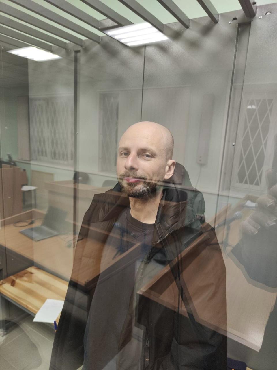 Russian journalist Sergey Karelin appears in court in the Murmansk region of Russia, Saturday April 27, 2024, after his arrest on “extremism” charges, which he denied. (AP Photo)