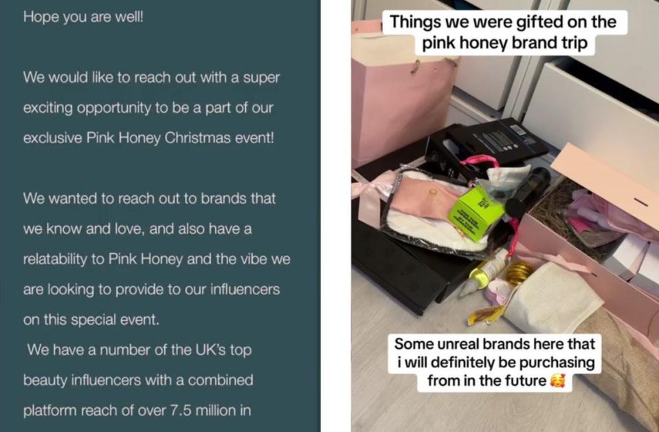 Pink Honey sent an email to small businesses asking them to gift products to influencers and a photo of just some of the gifts influencer Alana Jasmine Thomas received. (Credit: Bear Burners / Alana Jasmine Thomas / TikTok)