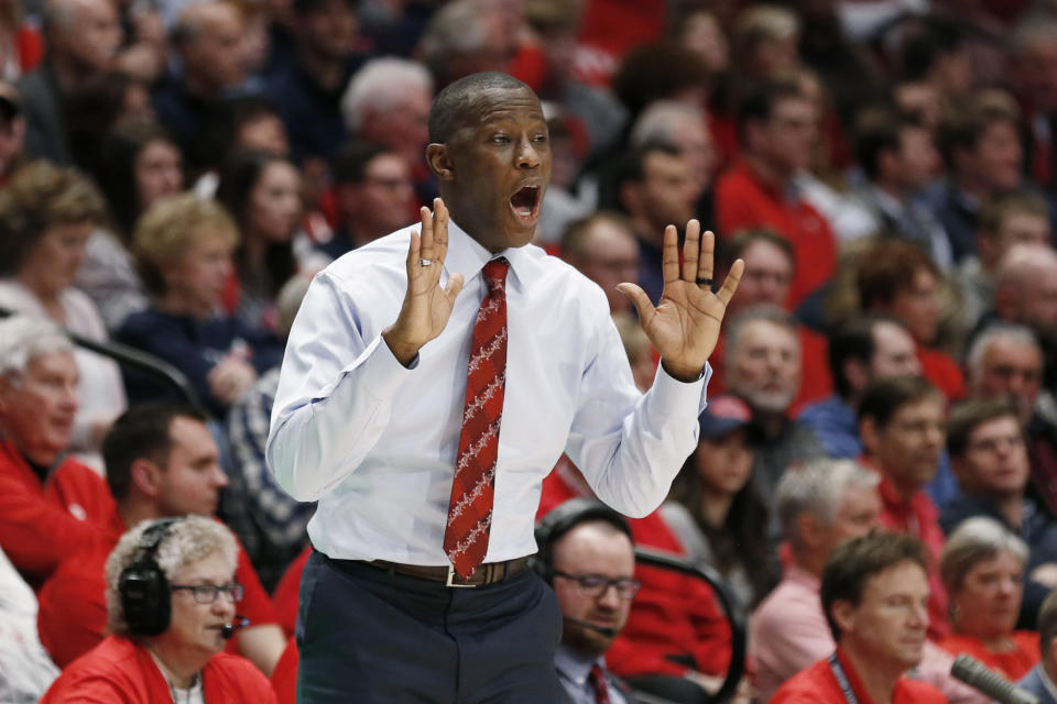 Dayton coach Anthony Grant reacts to a call during the second half of the team's NCAA college basketball game against Davidson, Friday, Feb. 28, 2020, in Dayton, Ohio. Dayton won 82-67. (AP Photo/Gary Landers)