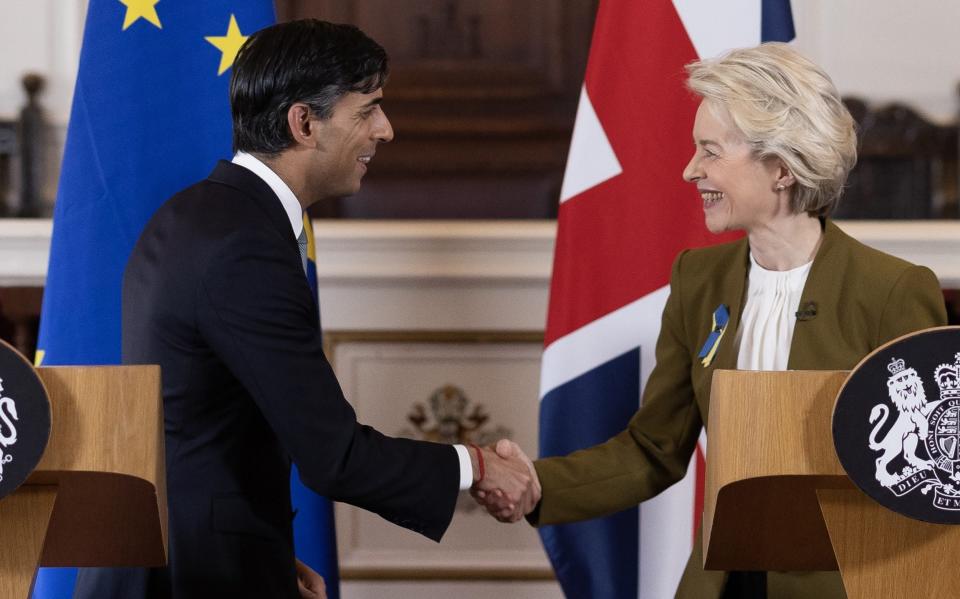 Rishi Sunak and EU Commission President Ursula von der Leyen shake hands at their joint press conference at Windsor - Dan Kitwood/Getty Images