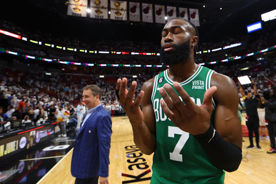 Jaylen Brown and the Boston Celtics forced a Game 7 against the Miami Heat.  (Photo by Mike Ehrmann/Getty Images)