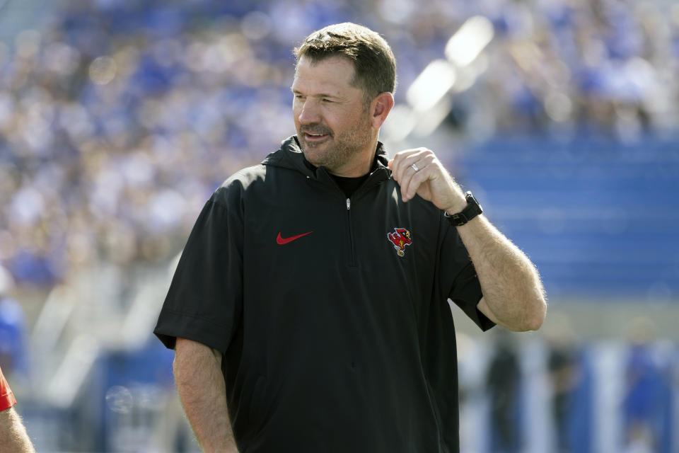 Ball State head coach Mike Neu smiles before taking on Kentucky in an NCAA college football game in Lexington, Ky., Saturday, Sept. 2, 2023. (AP Photo/Michelle Haas Hutchins)