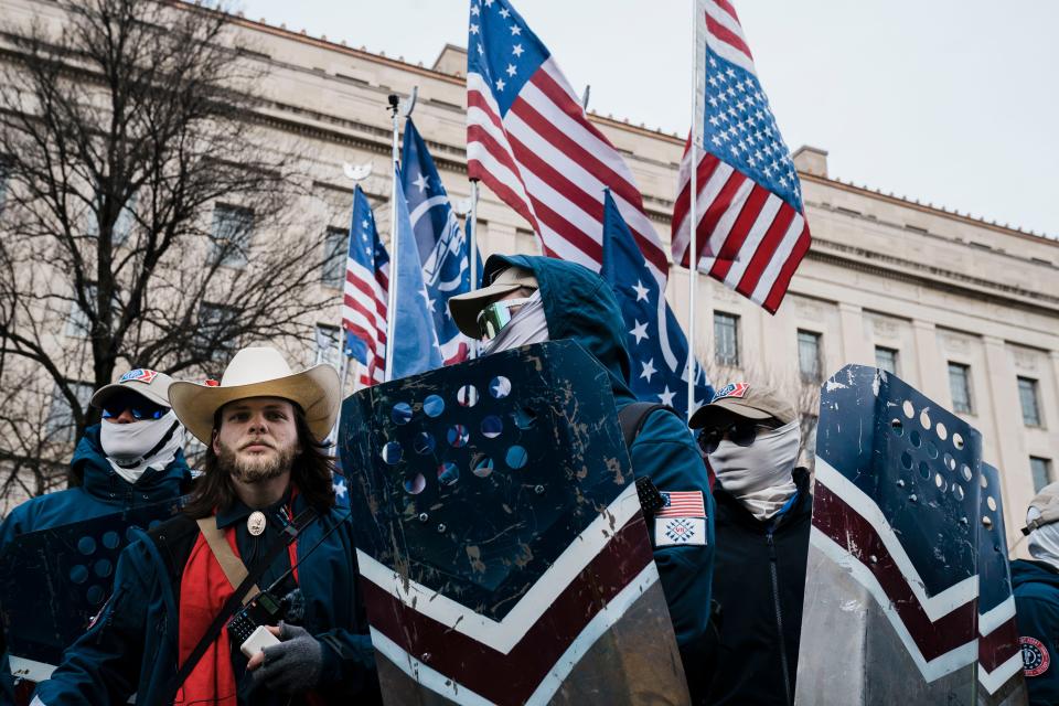 Members of the right-wing group the Patriot Front, and their founder, Thomas Rousseau, second from left,  on Friday, Jan. 21, 2022 in Washington, DC.