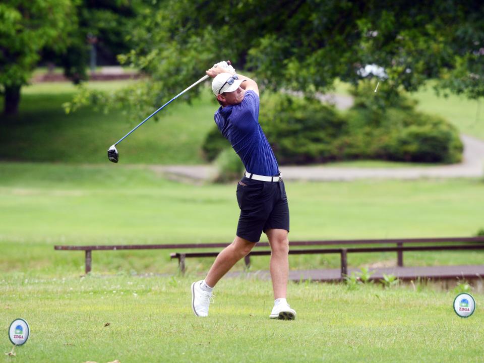 Blake Hartford, from Norwich, launches a drive during the second round of Zanesville District Golf Association Amateur tournament on Sunday at Zanesville Jaycees. Hartford, a native of Spring, Texas, shot 4-under-par 67 to take a two-shot lead into the final round on June 18 at Zanesville Country Club.