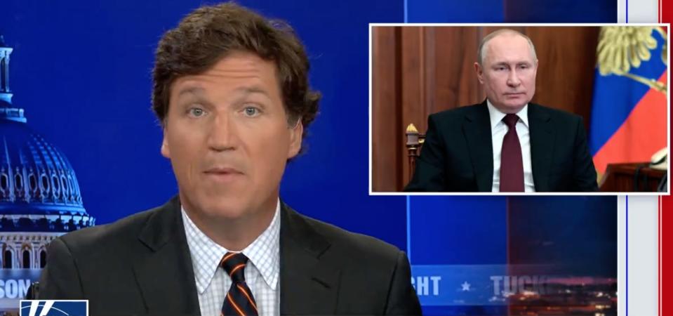 Tucker Carlson speaks about Russian President Vladimir Putin on Fox News.