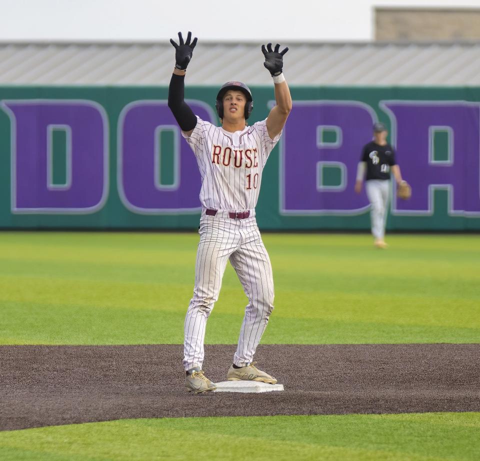 Rouse's Landon Miller, shown celebrating a double he hit in a 2023 playoff game against Cedar Park, belted a grand slam in Saturday's Game 3 area-round win over Alamo Heights. "It's indescribable to do that in a playoff game," he said afterward.