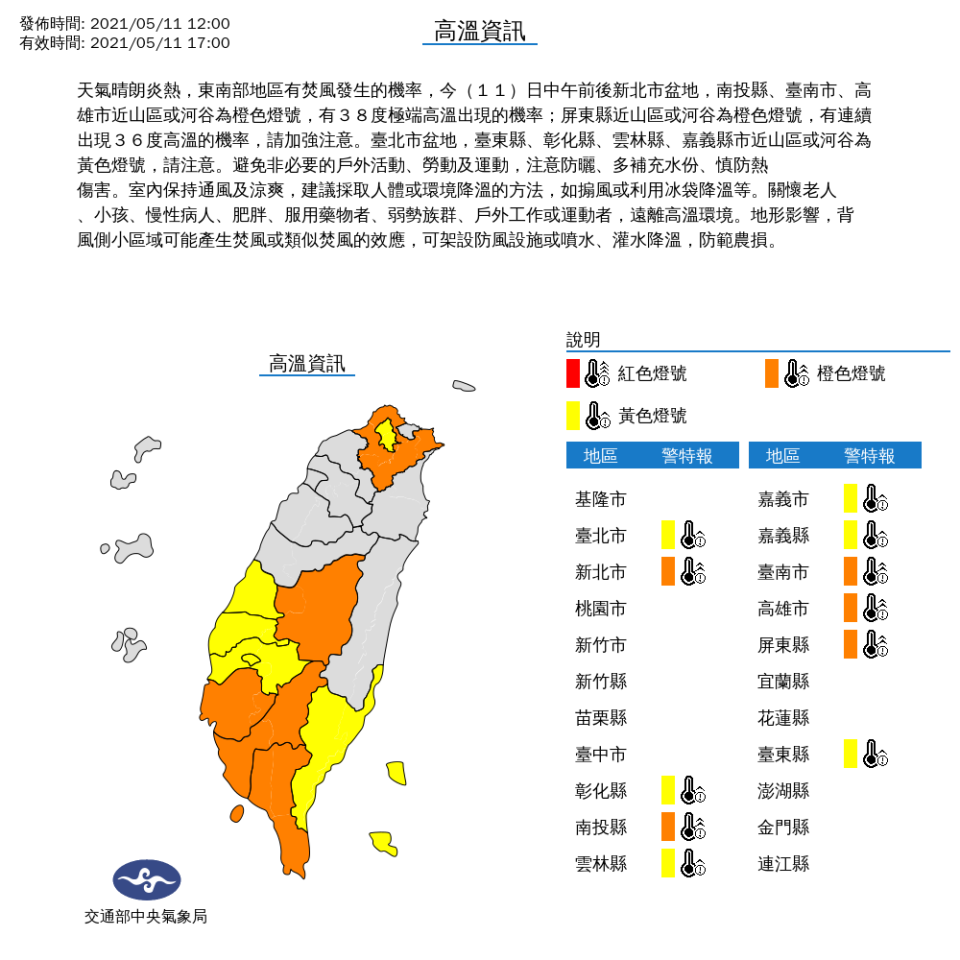 今日氣象局對全台11縣市發布高溫特報。   圖：中央氣象局／提供