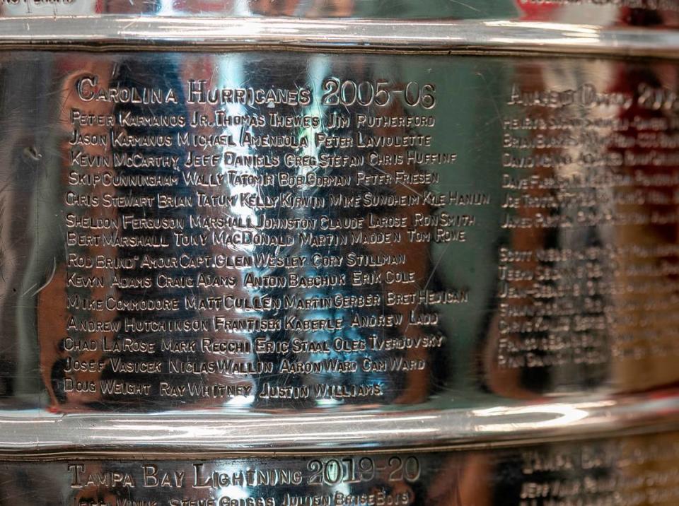 The names of the Carolina Hurricanes from their 2005-06 Stanley Cup Championship are shown engraved on the cup during a stop at The News & Observer on Wednesday, May 10, 2023 in Raleigh, N.C.