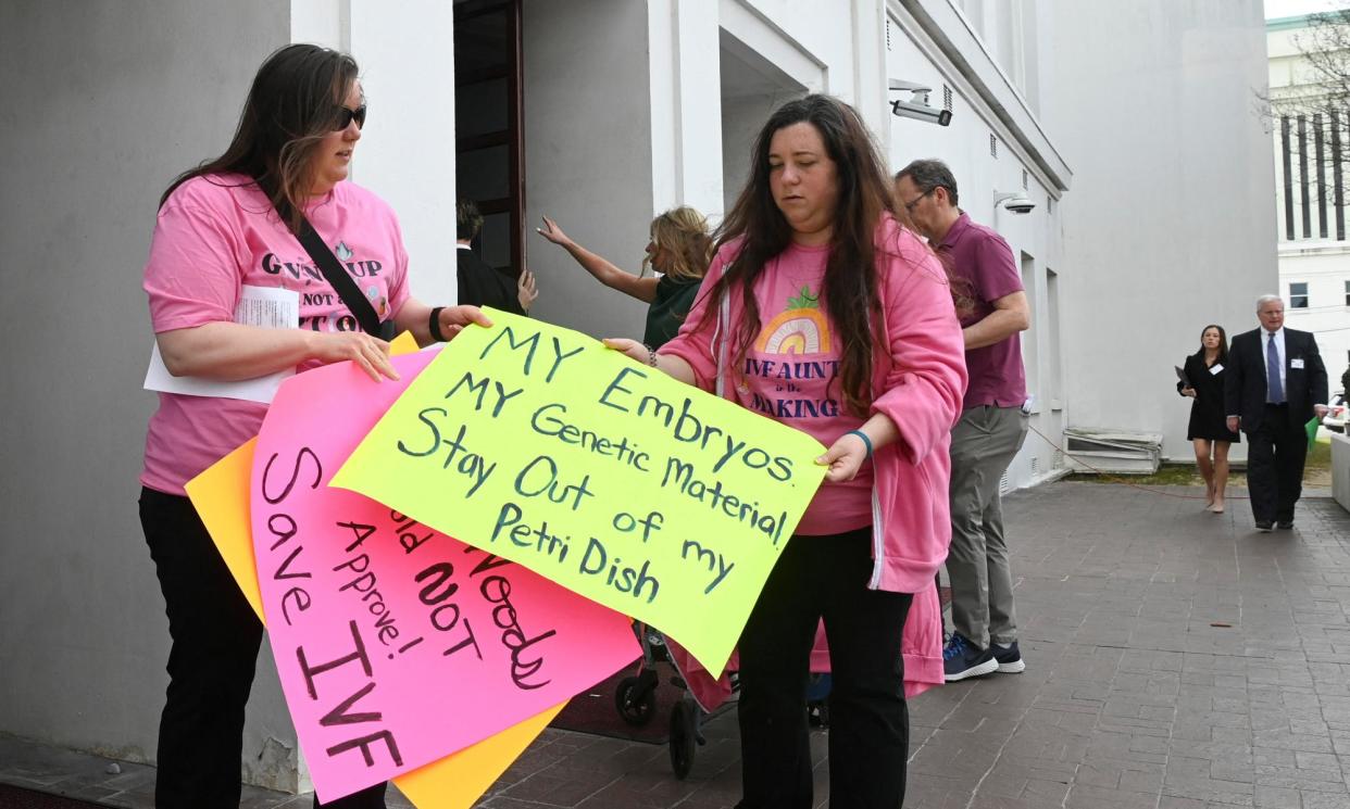 <span>Supporters of legislation safeguarding IVF treatments hold a rally at the Alabama state house in Montgomery on 28 February 2024.</span><span>Photograph: Julie Bennett/Reuters</span>