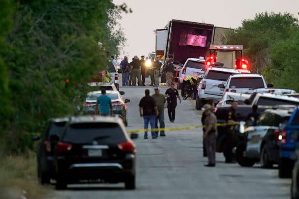 PHOTO: In this June 27, 2022, file photo, first responders work the scene where officials say dozens of people have been found dead and others were taken to hospitals after a semitrailer containing suspected migrants was found, in San Antonio, Texas. (Eric Gay/AP, FILE)