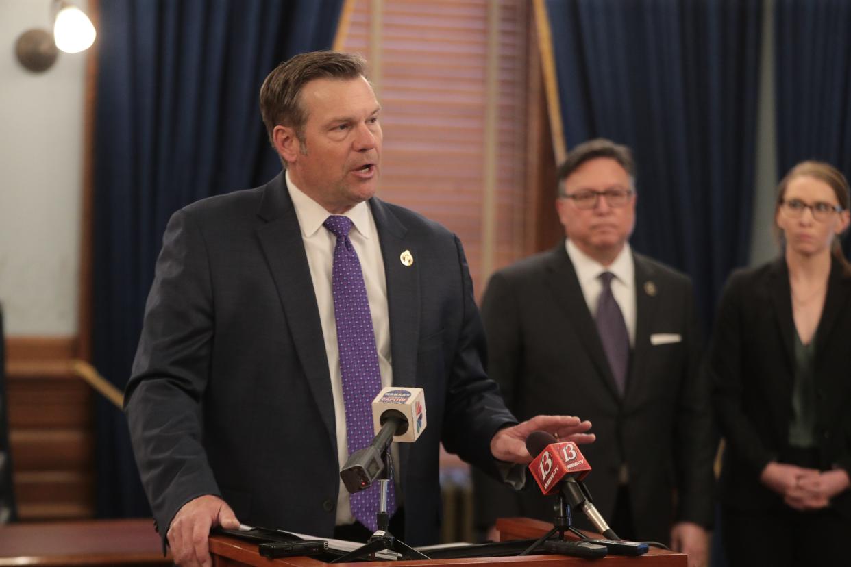 Kansas Attorney General Kris Kobach discusses why he is filing a lawsuit over the Biden Administration handling student loan debt forgiveness during a press conference Thursday, March 28, 2024.