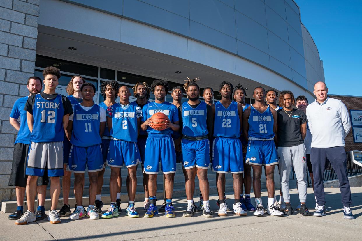 Davidson-Davie Community College men's basketball team poses before practice in front of the gym at Davidson-Davie on Mar. 2, 2022, ahead of the NJCAA DII National Championship in Danville, Ill.