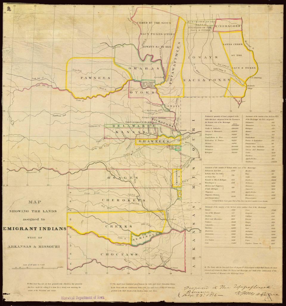 An 1836 map showing the lands assigned to emigrant Native Americans west of Arkansas and Missouri.