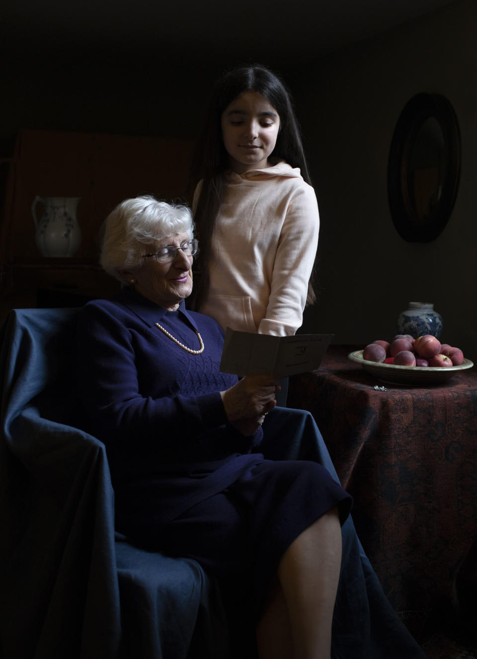 In this photo taken by Britain's Kate, Duchess of Cambridge and made available on Sunday Jan. 26, 2020, Yvonne Bernstein, originally from Germany, who was a hidden child in France throughout most of the Holocaust, pictured with her granddaughter Chloe Wright, aged 11. (The Duchess of Cambridge via AP)