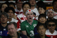 Irish fans reacts during their Rugby World Cup Pool A game lost 19-12 at Shizuoka Stadium Ecopa against Japan in Shizuoka, Japan, Saturday, Sept. 28, 2019. (AP Photo/Jae C. Hong)