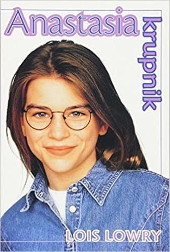 Cover of Anastasia Krupnik by Lois Lowry, featuring young model/actress with glasses and denim shirt