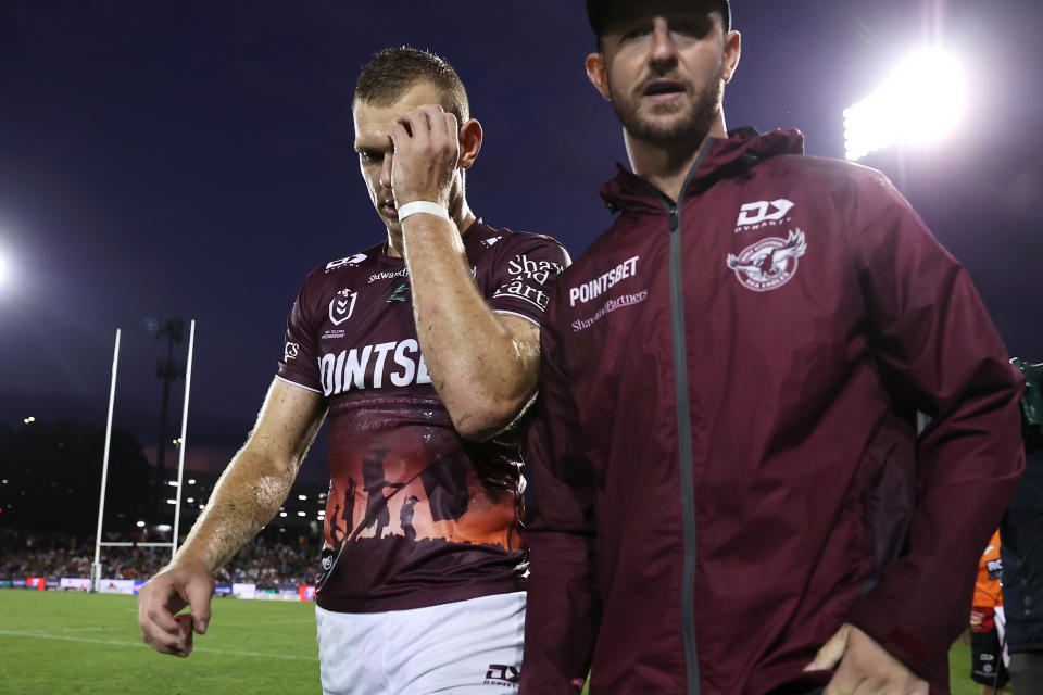 Tom Trbojevic, pictured here leaving the field after suffering a groin injury against the Wests Tigers.