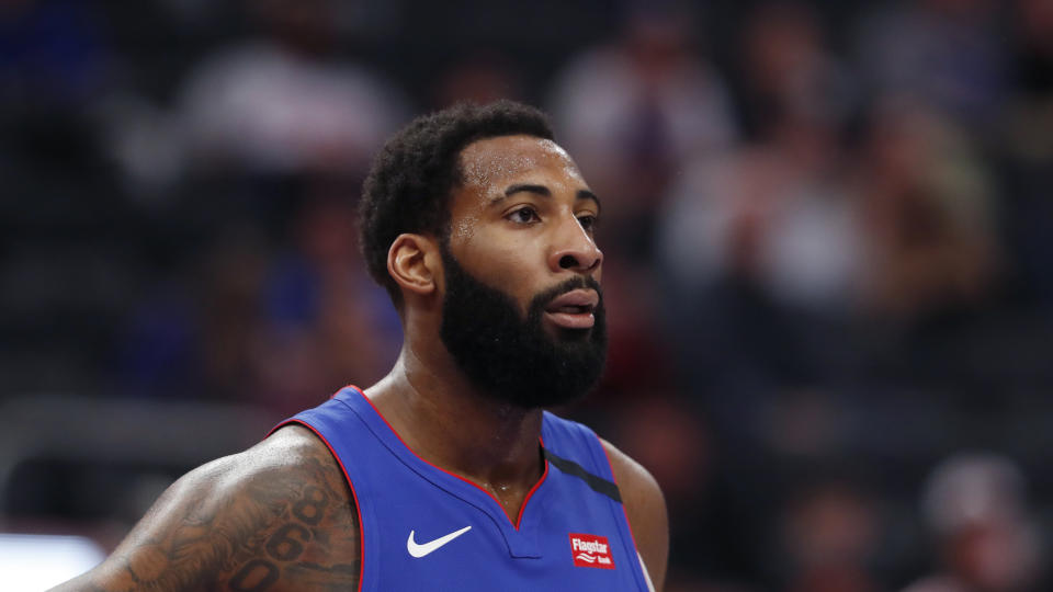 Detroit Pistons center Andre Drummond is seen during the first half of an NBA basketball game, Wednesday, Feb. 5, 2020, in Detroit. (AP Photo/Carlos Osorio)