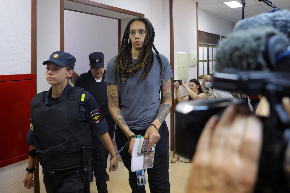 U.S. basketball player Brittney Griner, who was detained at Moscow's Sheremetyevo airport and later charged with illegal possession of cannabis, walks after the final statements in a court hearing in Khimki outside Moscow, Russia August 4, 2022. REUTERS/Evgenia Novozhenina