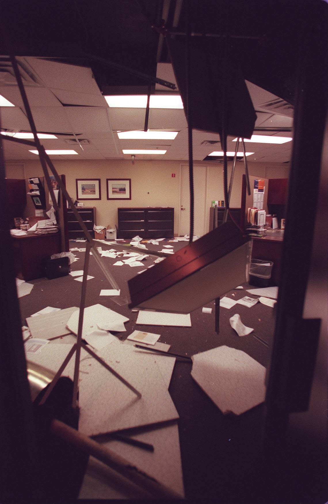 A 7th floor office inside the Bank One building the night the tornado hit on March 28, 2000 in downtown Fort Worth