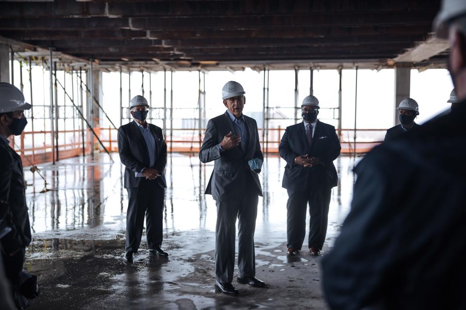 Related Companies's Ken Himmel and Stephen Ross, West Palm Beach Mayor Keith James, and Related's Gopal Rajegowda at the Sept. 21 "topping off" ceremony for the 360 Rosemary office tower in West Palm Beach. Related is the developer of the office tower, set for completion in early 2021.