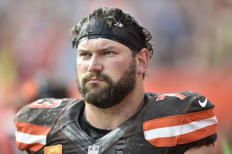 FILE - Cleveland Browns offensive tackle Joe Thomas (73) walks on the sideline during an NFL football game against the Tennessee Titans, Sunday, Oct. 22, 2017, in Cleveland. Six-time All-Pro offensive lineman Joe Thomas, shutdown cornerback Darrelle Revis and speedy pass rusher Dwight Freeney headline the list of nine first-year eligible players picked among the 129 nominees for the 2023 class of the Pro Football Hall of Fame. (AP Photo/David Richard, File)