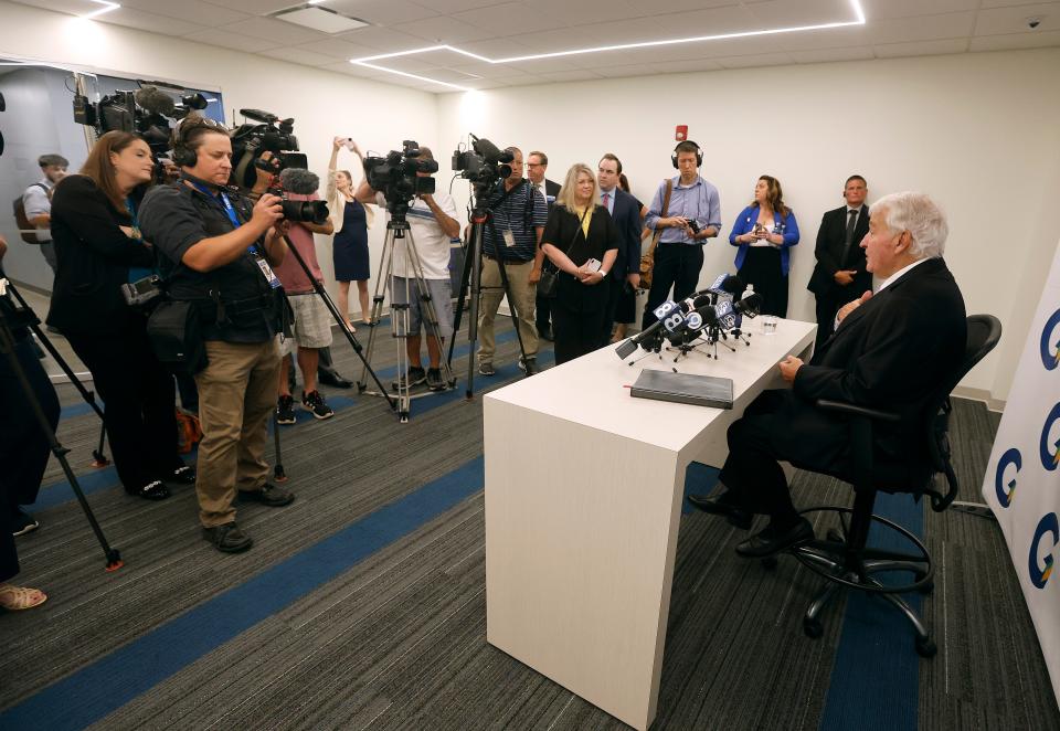 Paychex found and philanthropist Tom Golisano speaking with the media after he donated $360 million to 82 charities in Buffalo, Rochester and Syracuse area.