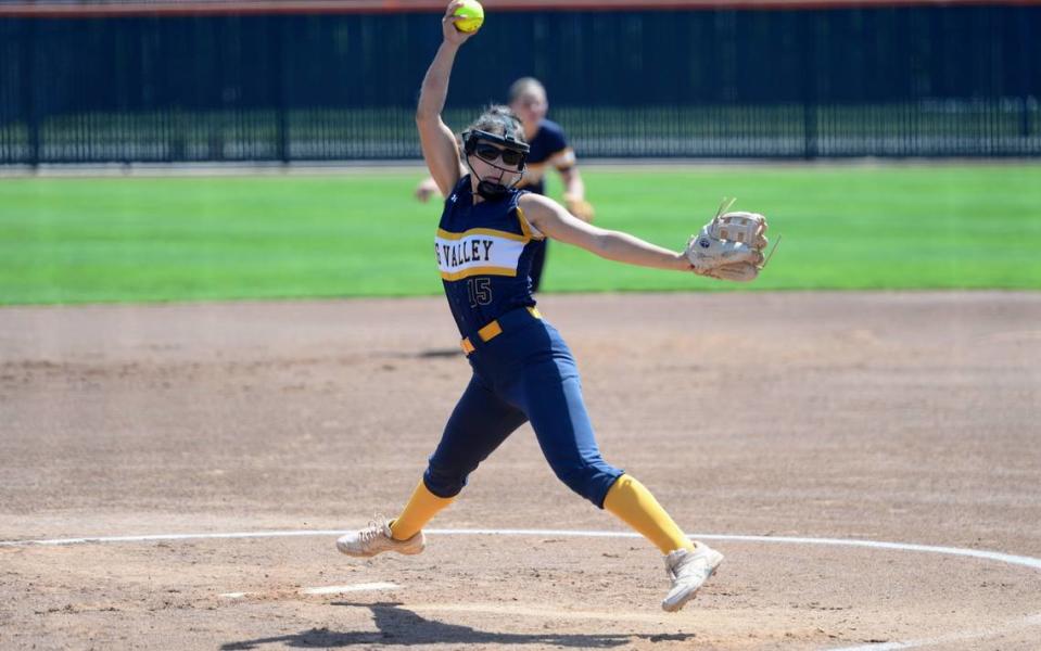 Big Valley Christian pitcher Ava Hernandez delivers a pitch during the Sac-Joaquin Section Division VII championship against No. 3 Buckingham Charter at Cosumnes River College on Saturday, May 18, 2024.