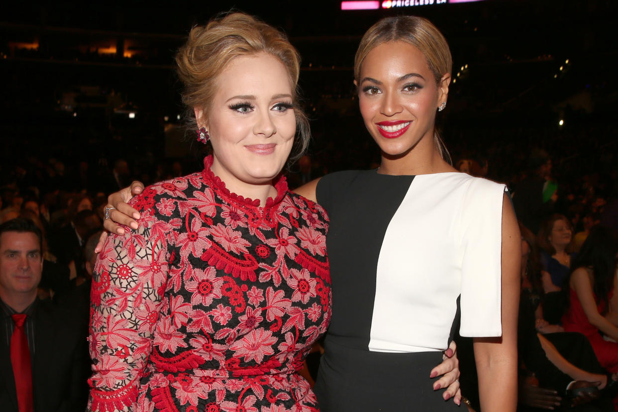 Singers Adele and Beyonce attend the 55th Annual Grammy Awards in 2013.